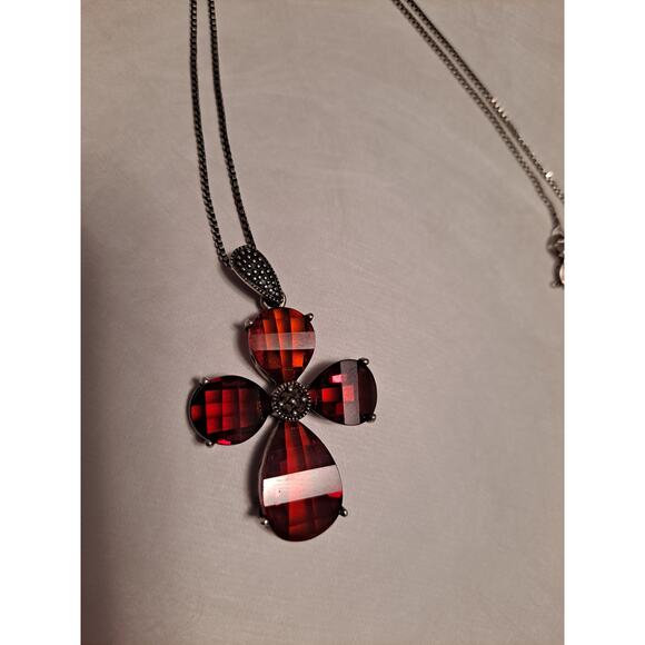 Garnet Cross Necklace 18 inch Chain Large Sterling Silver Marcasite Pendant VTG - Picture 3 of 11